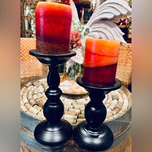 Like New Pair of Black Enameled Metal Candle Holders 6.5” &  8.5” Tall